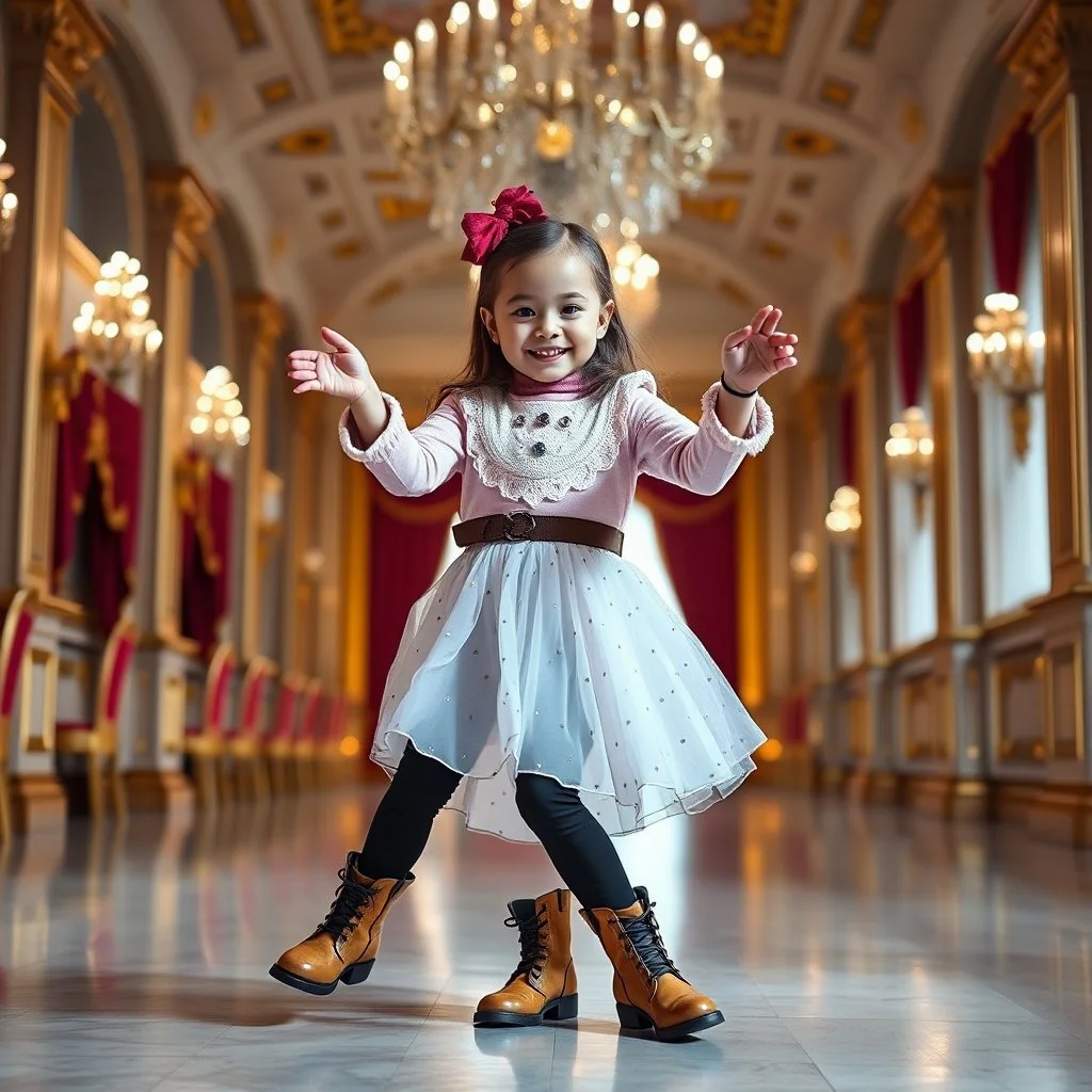 a 2 years old girl in modern clothing and makeup dancing with cute and joy with pertty boots in a modern royal hall
