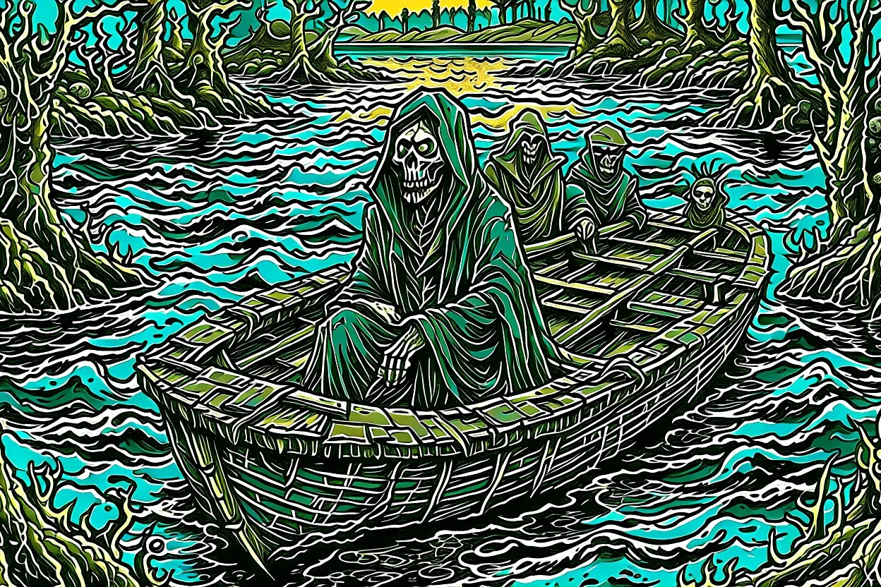 on the river Styx, in a special creepy boat, the boatman in the hood of Death, who takes the guilty people to the endless darkness, to hell on the boat, the crowd of crying, howling, begging dead, surreal style, dark colors, strange surreal nightmare landscape, high detail, sinister, surreal art, chillingly fascinating