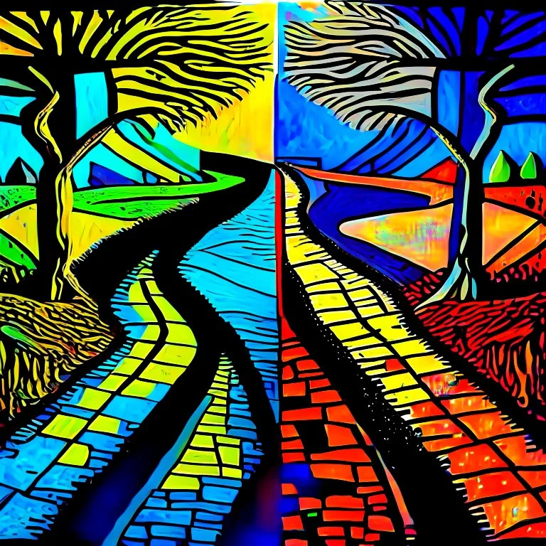 two roads diverged , art, acrilyc colors, bright,, picasso, masterpiece