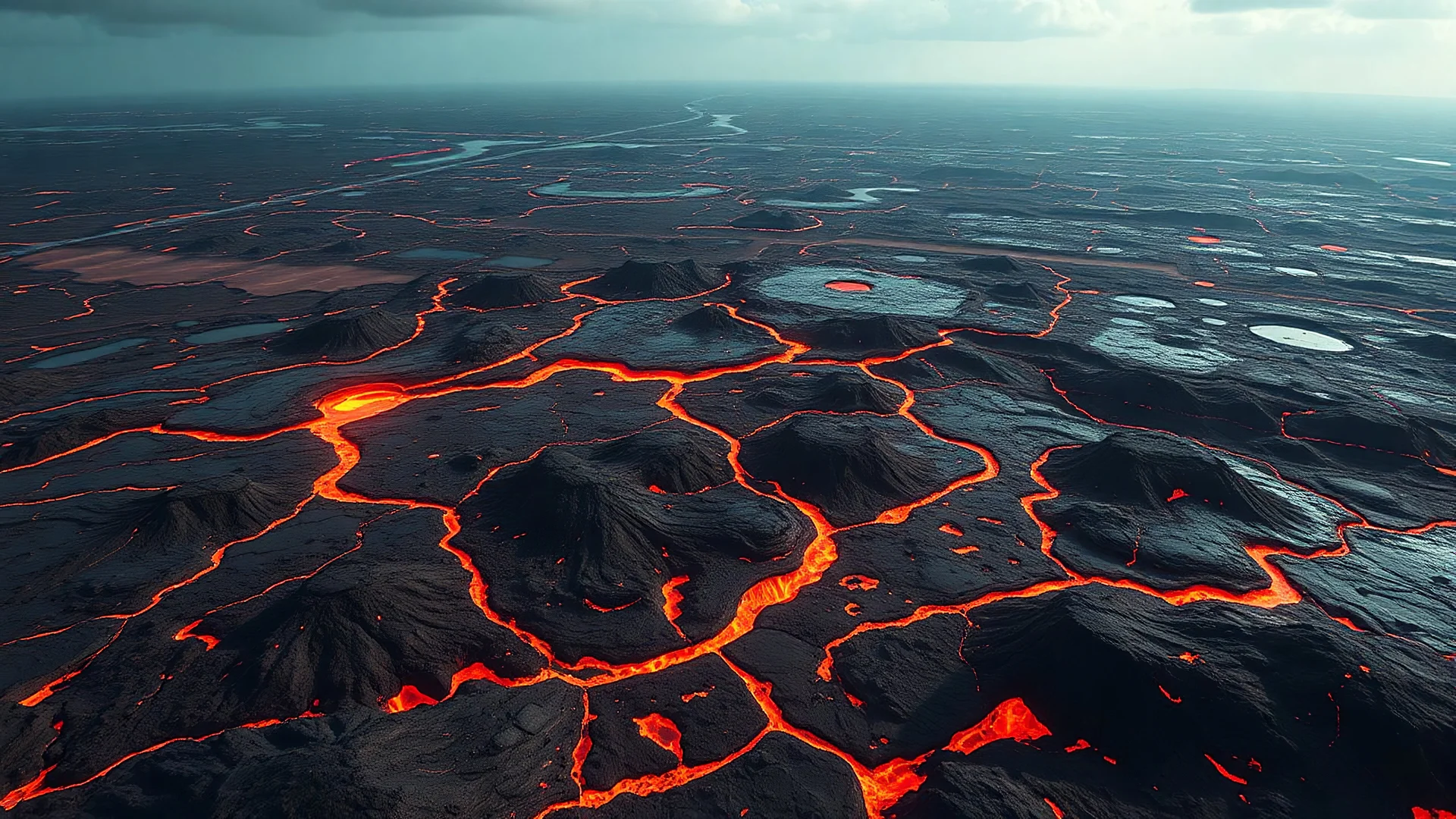 aerial view of a landscape covered in mud and lava that looks futuristic with futuristic lighting, horizon, realistic rendering