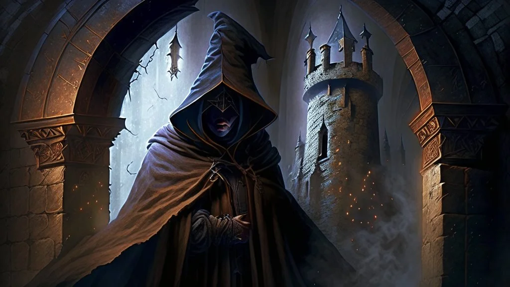 The hooded sorcerer in the castle tower