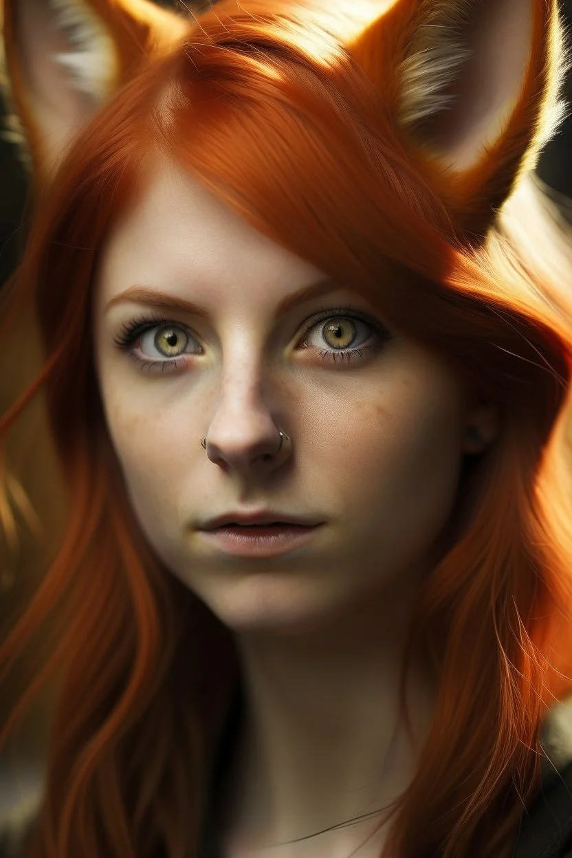 A young adult female with red hair and gold eyes, fox ears