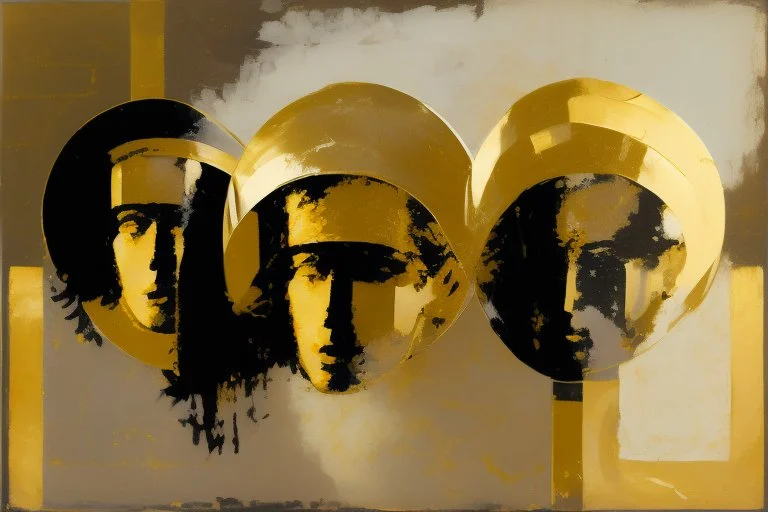 (three:2) determined ancient male Jews (wearing Jewish jewelry:2), acrylic painting, minimal art, centered, wild sparse brushstrokes, amazing verticals, great parallels, low bleak colors of gold, beige and black, excellent negative space contrasts