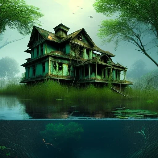 Abandoned house, overgrown, partially submerged,