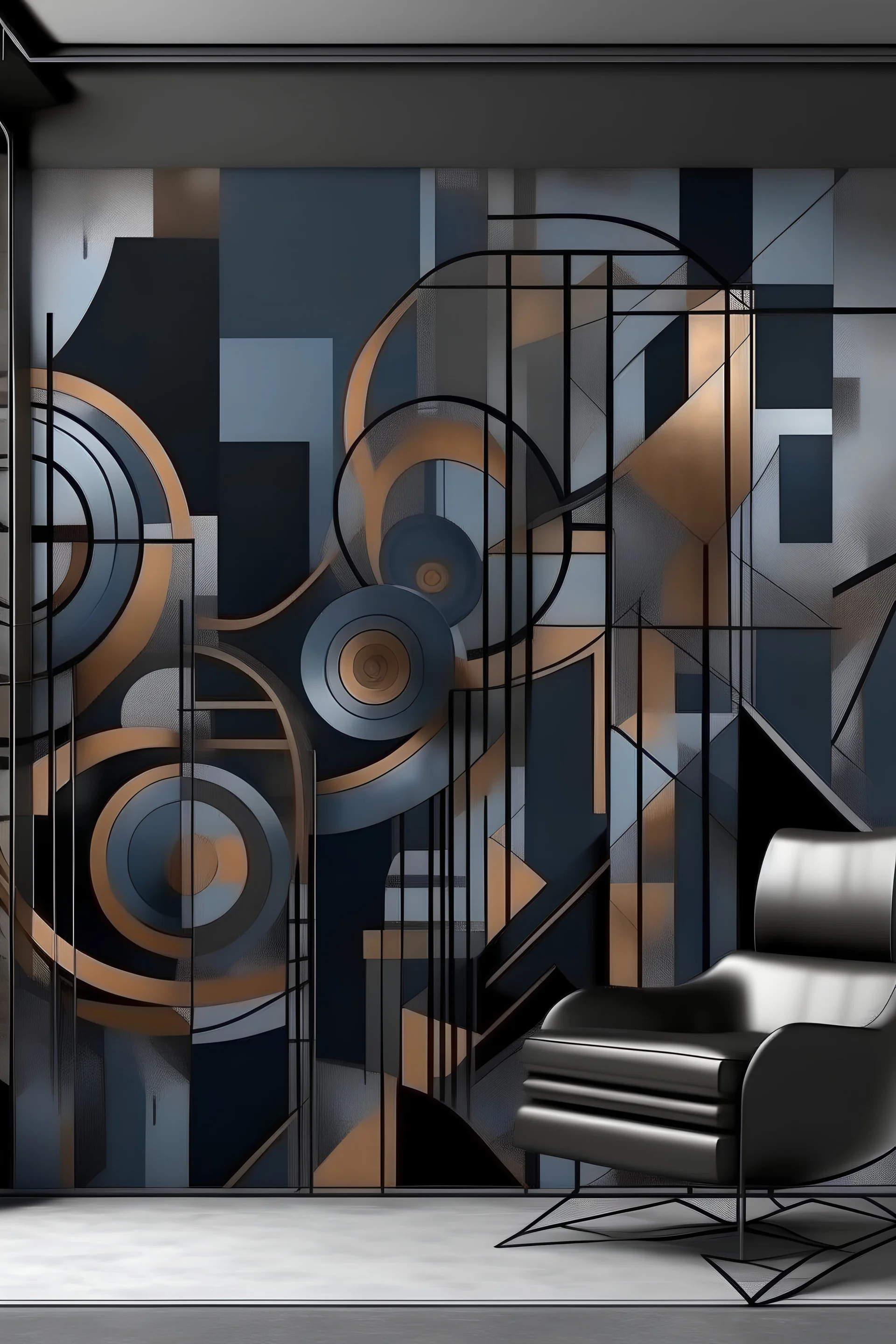 Create handpainted wall mural featuring abstract geometric forms reminiscent of machinery in the Vorticist style. Use industrial and metallic tones like steel gray, copper, and deep indigo for an avant-garde touch."