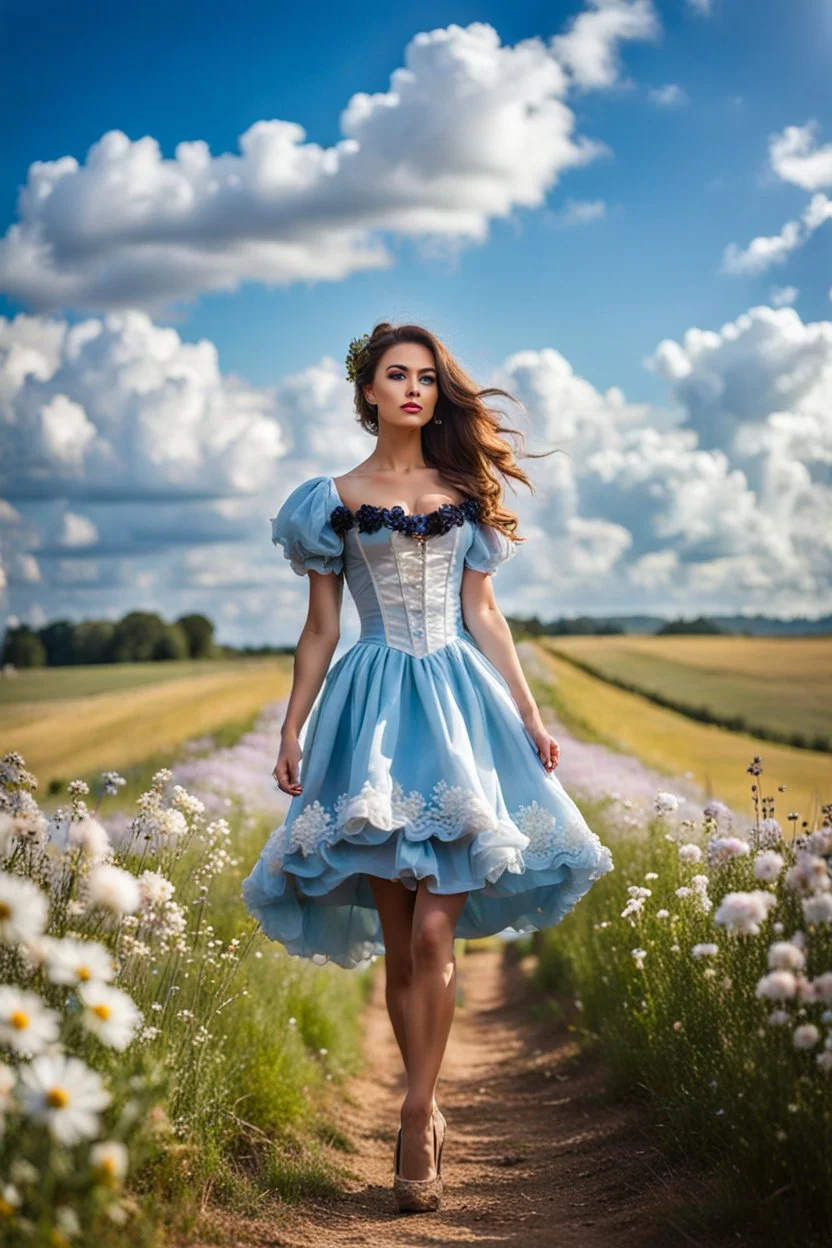 fullbody girl makeup wearing a victorian short dress walking in country side ,flowers ,pretty clouds in blue sky