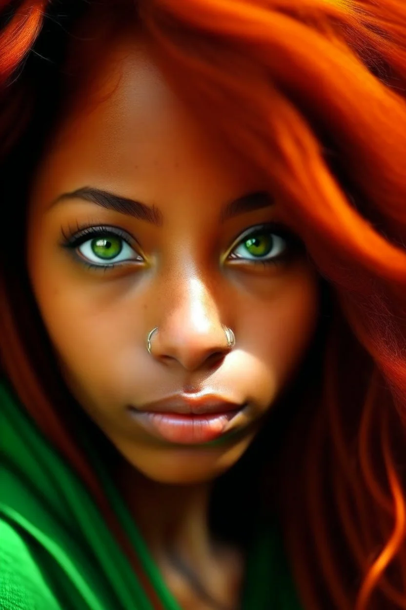 Black girl green eyes reddish orange hair small nose long lashes