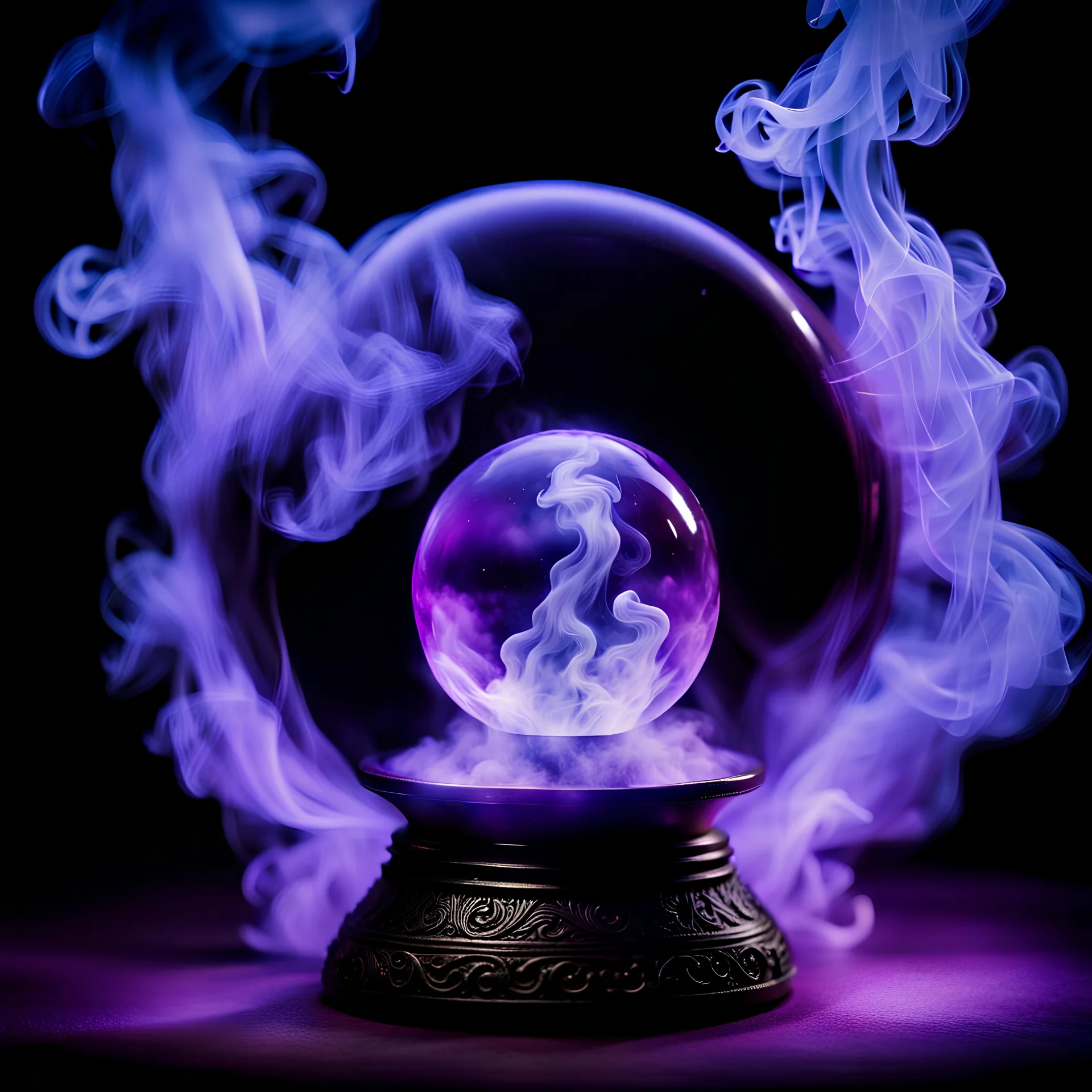 magical crystal ball, surrounded by smoke and sorcerous energy, purple lighting, black background