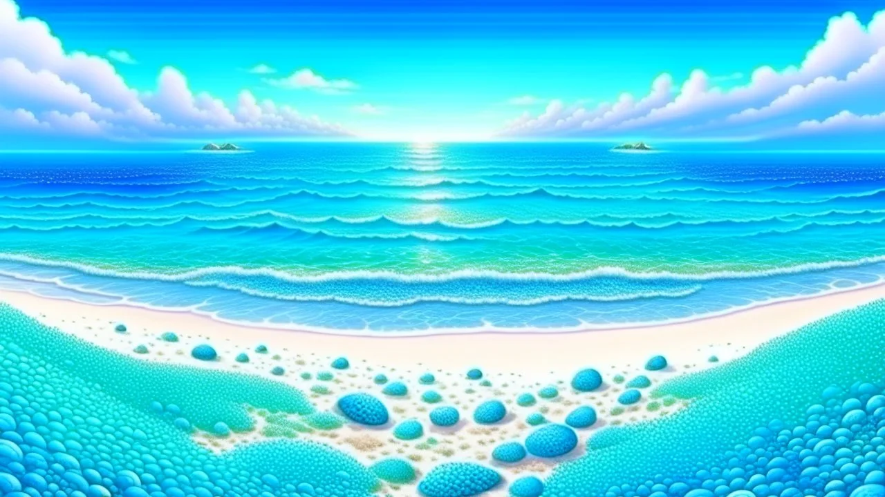 fantasy illustration pacific ocean blue color, sandy lagoon with small shells on the beach