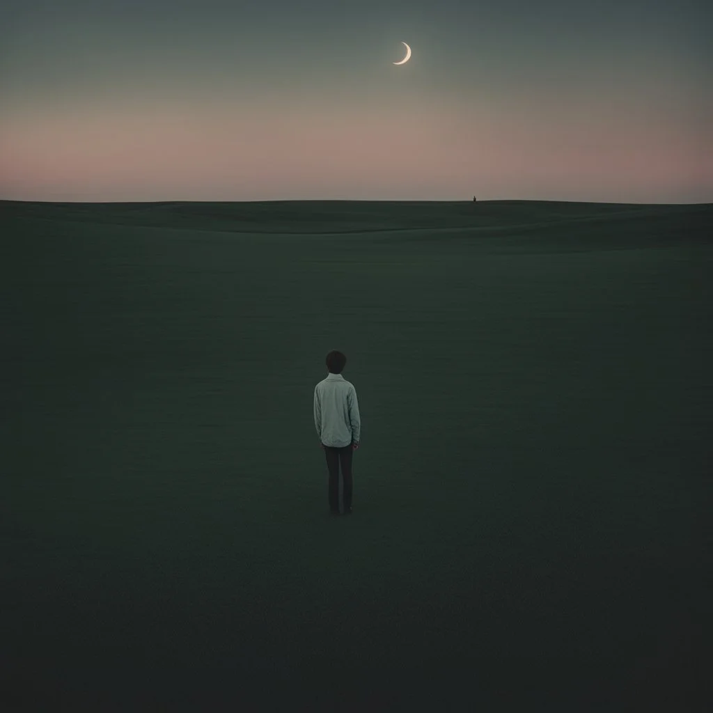 A solitary figure stands in the vastness of an open field, gazing at the distant horizon under a crescent moon. The photo focuses on the figure's face with an analog film photo style featuring a grainy texture and vintage aesthetics. A muted pastel color palette and minimalism create a mood of solitude with soft lighting from a low angle shot and rule of thirds composition. The wideangle lens captures the scene at twilight under a crescent moon. --ar 103:128 --style raw --v 5. 2