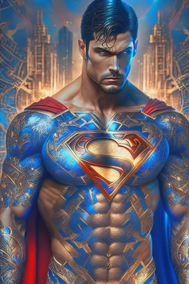 Superman.He looks forward with radiant eyes In a new, sophisticated suit Ornate gold, black, red, glowing blue energy tattoo decorated with a Mandala pattern. Strong, fit body. Muscles. A cinematic scene. A destroyed city scene