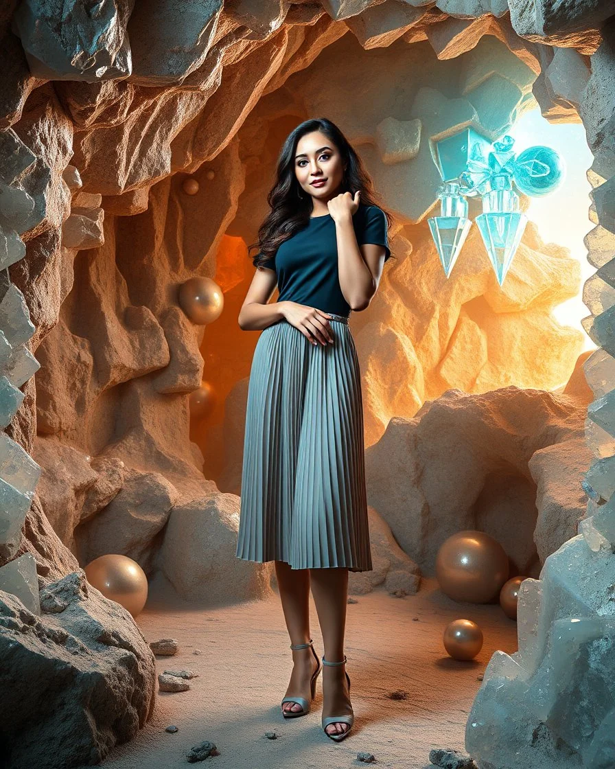 make a picture pretty cave made of crystal diamond 3d fractal recursive cubic and sphere base structures and a beautiful fashion model lady posing with cute,with dark cyan decholte top and pretty pleated midi skirt,siver high heels ,makeup curvy long hair,dynamic camera zoom to full body and pan, dynamic lights.