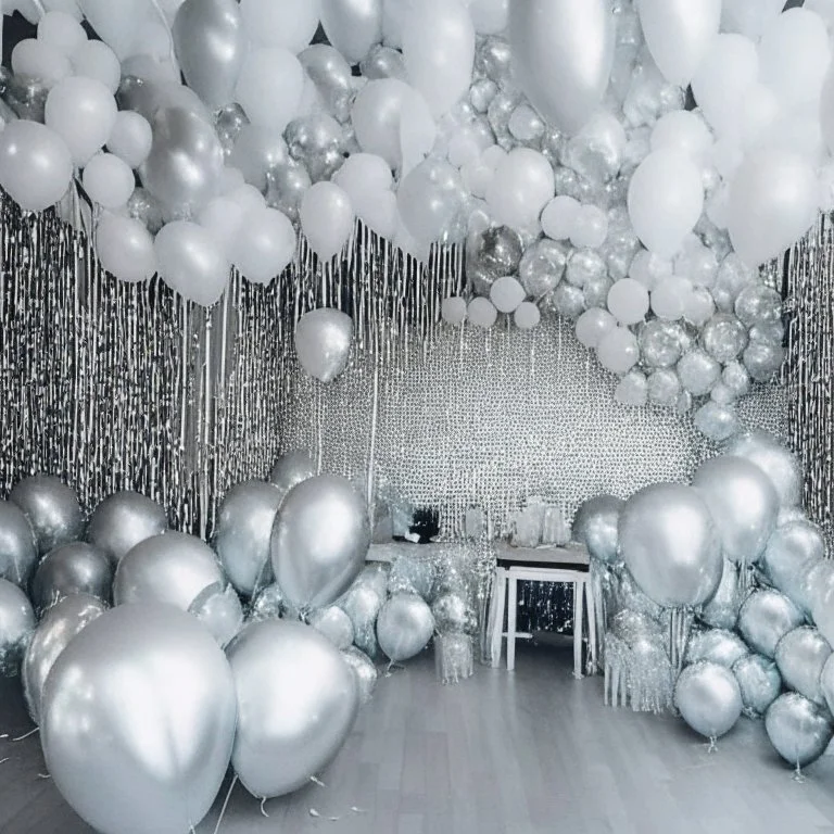 A picture of a room filled with silver party decoration. Include balloons, garlands, foil balloons