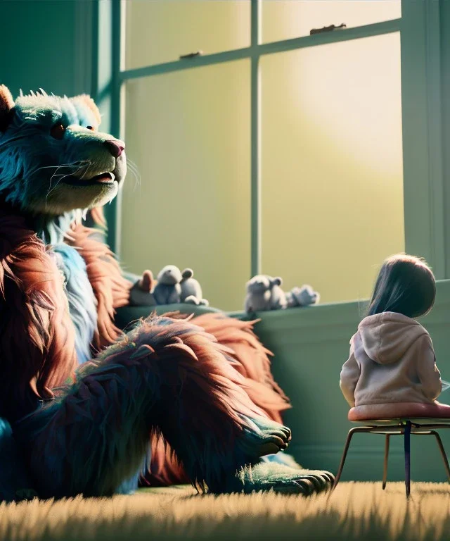 Realistic toys room scene. big furry monster sitting. girl from behind. Wes Anderson style. Red hair, smile, happy, gradient color fog. highly detailed, concept art, unreal engine 5, ray tracing, RTX, lumen lighting, ultra detail, volumetric lighting, 3d, finely drawn, high definition, high resolution.