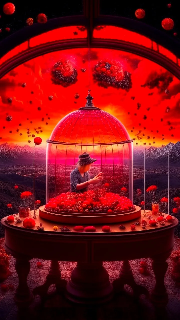 full shot of happy dandys eating cherries in a floating glass dome, dreamlike atmosphere, in the background the landscape burns like hell, in the style of Rafael di Sanzio