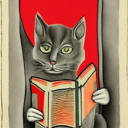 communist kitty reading Wittgenstein's Tractatus Logico Philosophicus in brutalist style