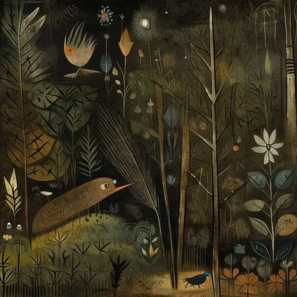 A brownish black murky rainforest at nighttime with birds and butterflies painted by Paul Klee