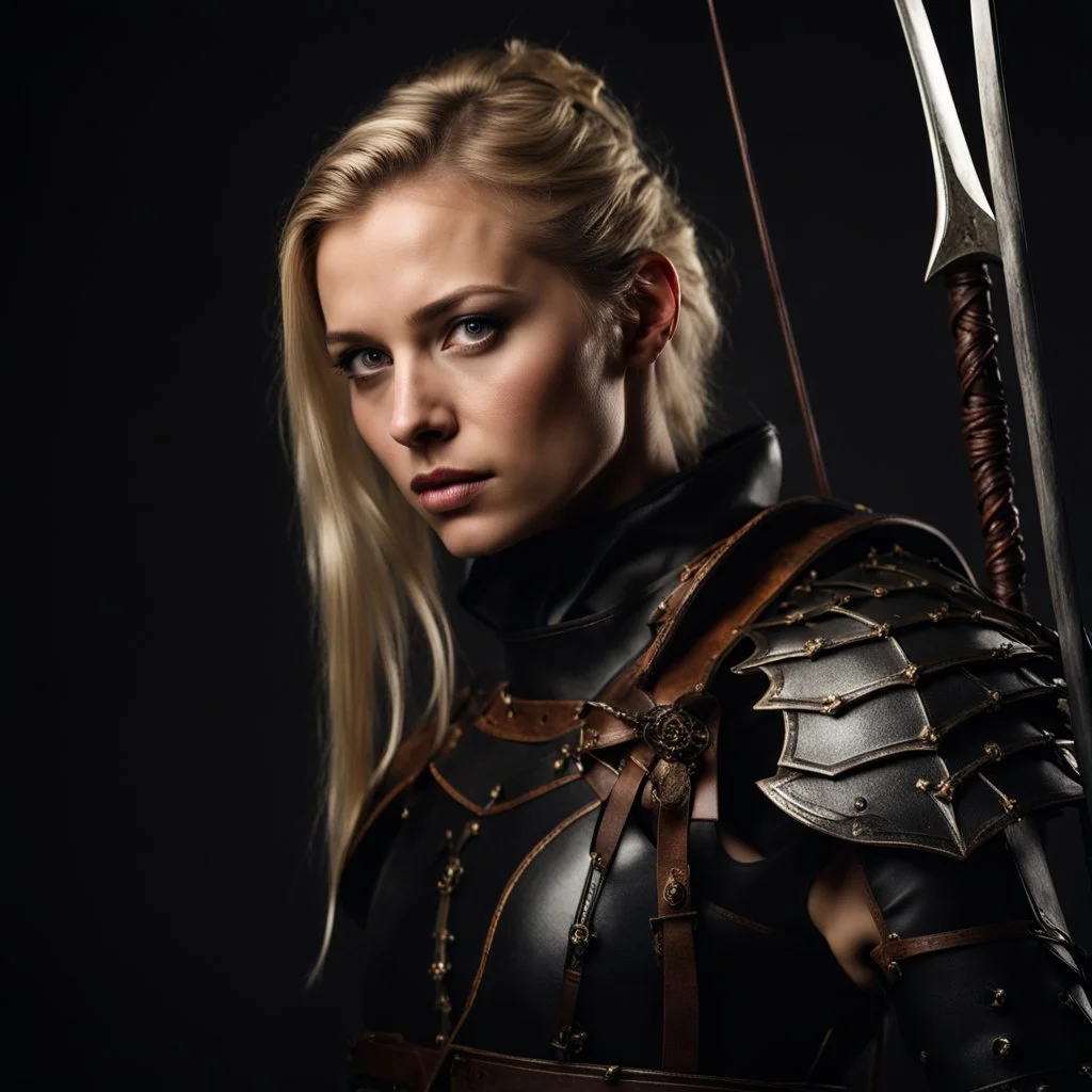 portrait of a 20 year old blonde female warrior wearing leather half armour and carrying a bow, dark fantasy