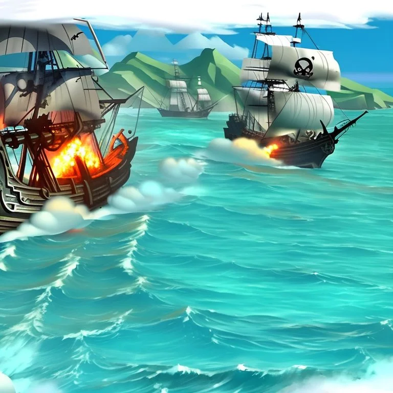 Two pirate ships fight each other at sea. Firing cannons. One ship is hit and burns after being hit.