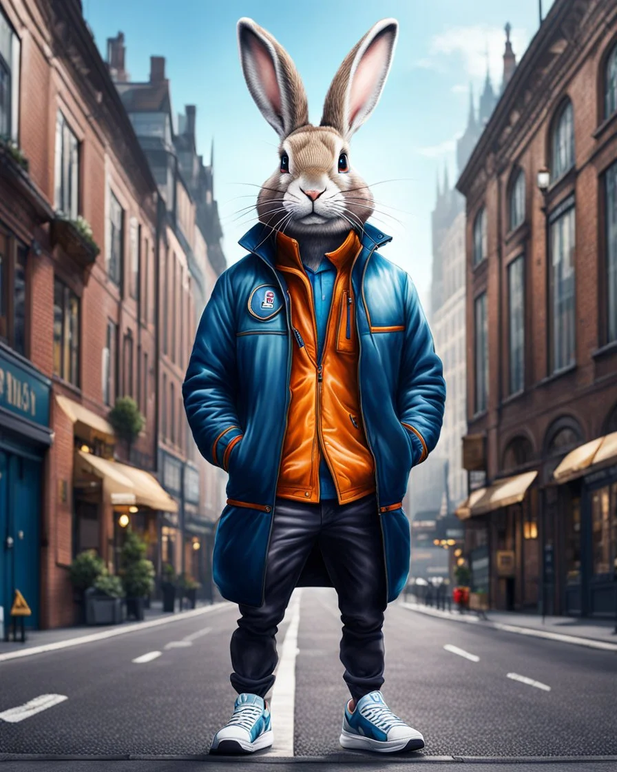 Conejo antropomorfico con chaqueta, Jens, tennis y gorra en la ciudad, full body, arte de ilustración, calidad ultra, hiperdetallado, maximalista, increíble obra de arte, 12k