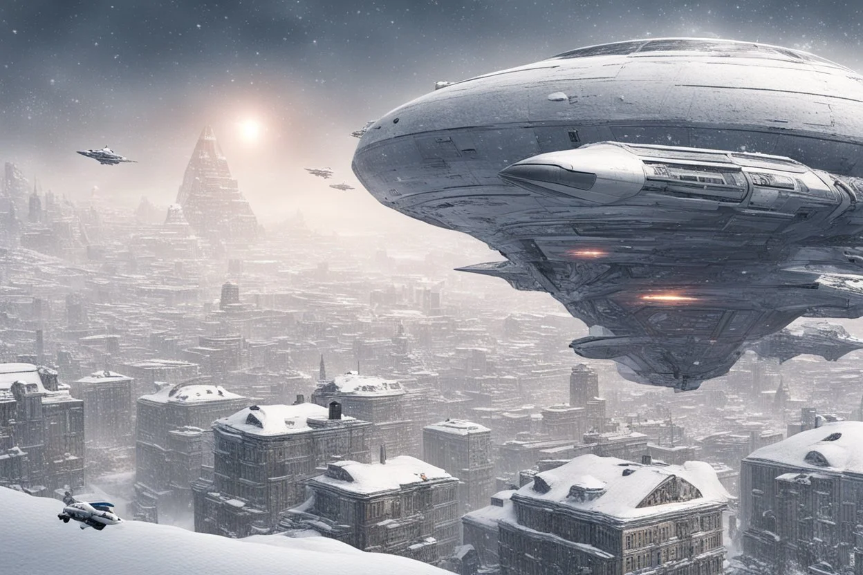 spaceship flying low over a snow-covered city