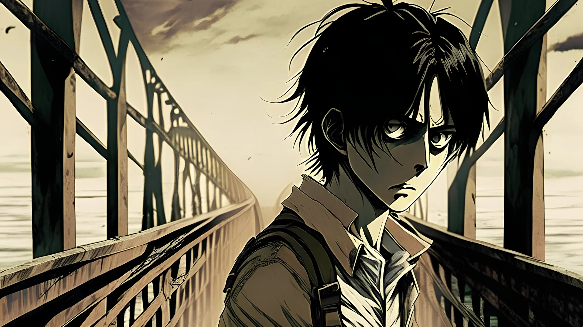 eren yeager walking alone on a bridge with his face showed up