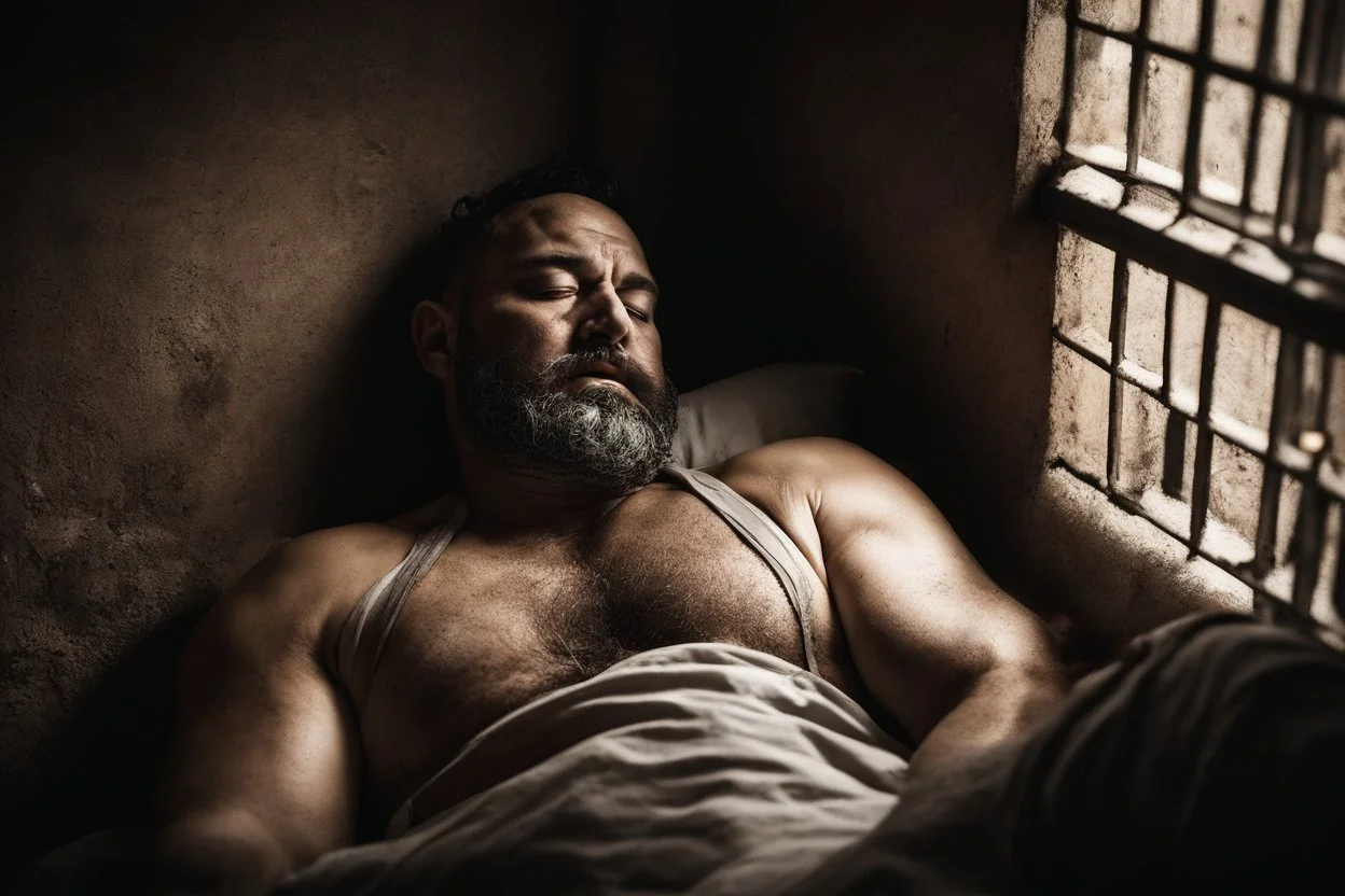 half figure shot photography of a sweat dirty marocan prisoner in cell sleeping lying down on a bed , manly chest, shirtless, muscular strong chubby 44 years old, low lights, ajar mouth, long beard, misery and poverty, dim light enters from a skylight above, lights from above, photorealistic, ambient occlusion, aerial view