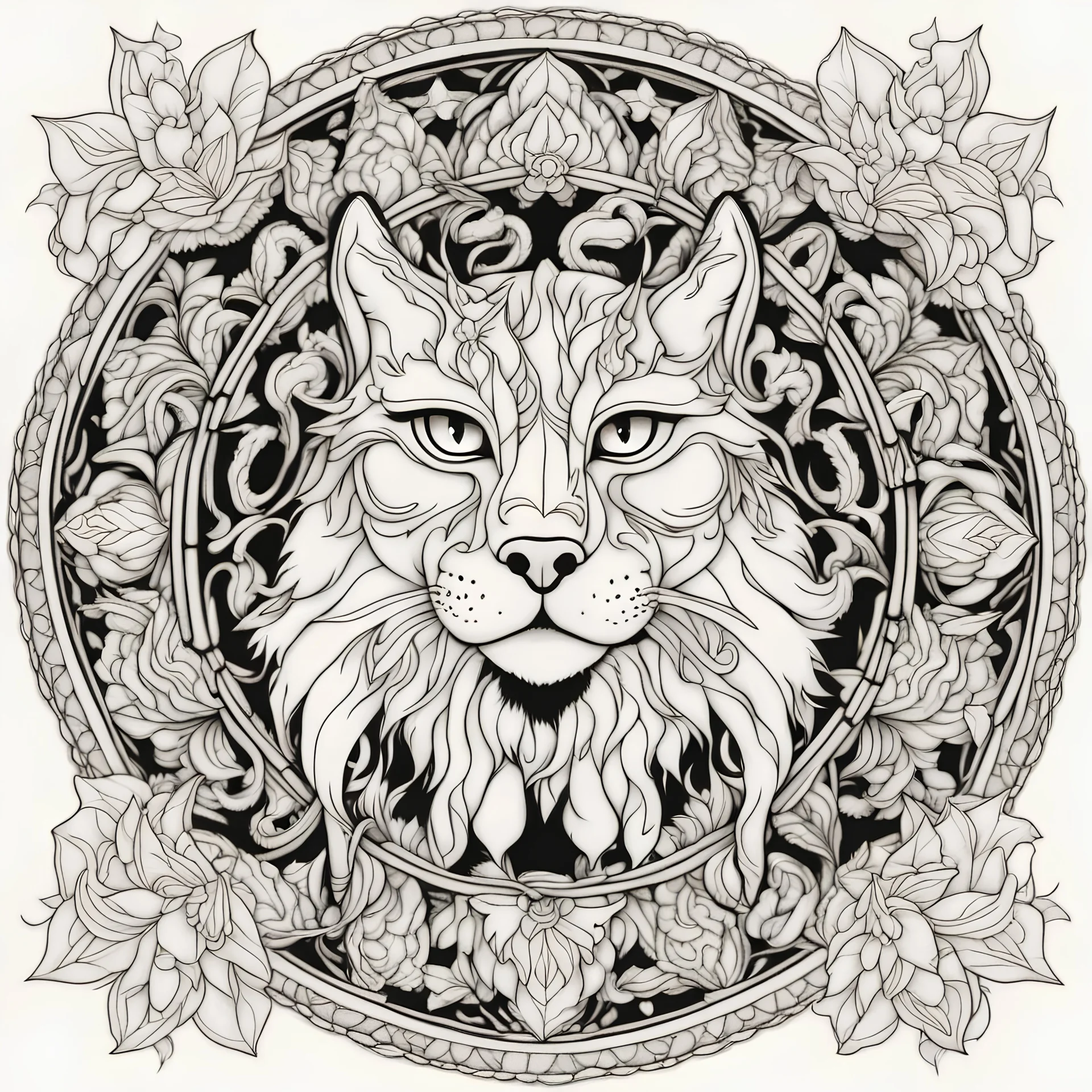 outline art, coloring pages, white Background, Black line, sketch style, only use outline, mandala stile, clean line art, white background, no shadow and clear and well, mandala LYNX,