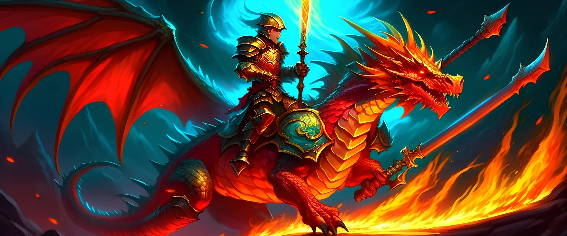 powerful valor hold the most powerful sword while riding a fire dragon