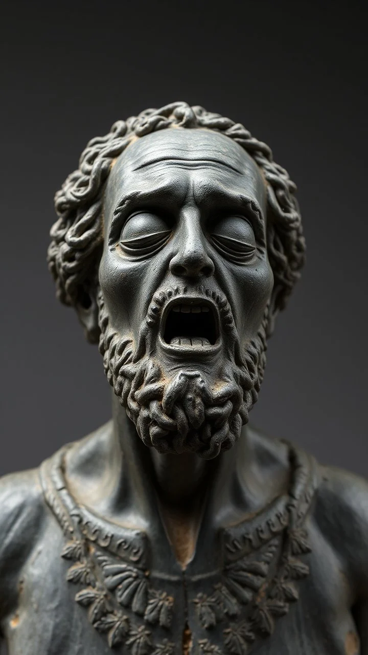 Ceramic style statue all colours are dark gray of an old church man from the 1000 BC in it a whole body and the head of dead man with thick curly hair and his eyes are closed and open mouth with rage