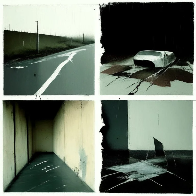 Minimal abstract oil paintings desolate 1960s carpark concrete fragments style of Justin Mortimer and Francis Bacon. road markings.