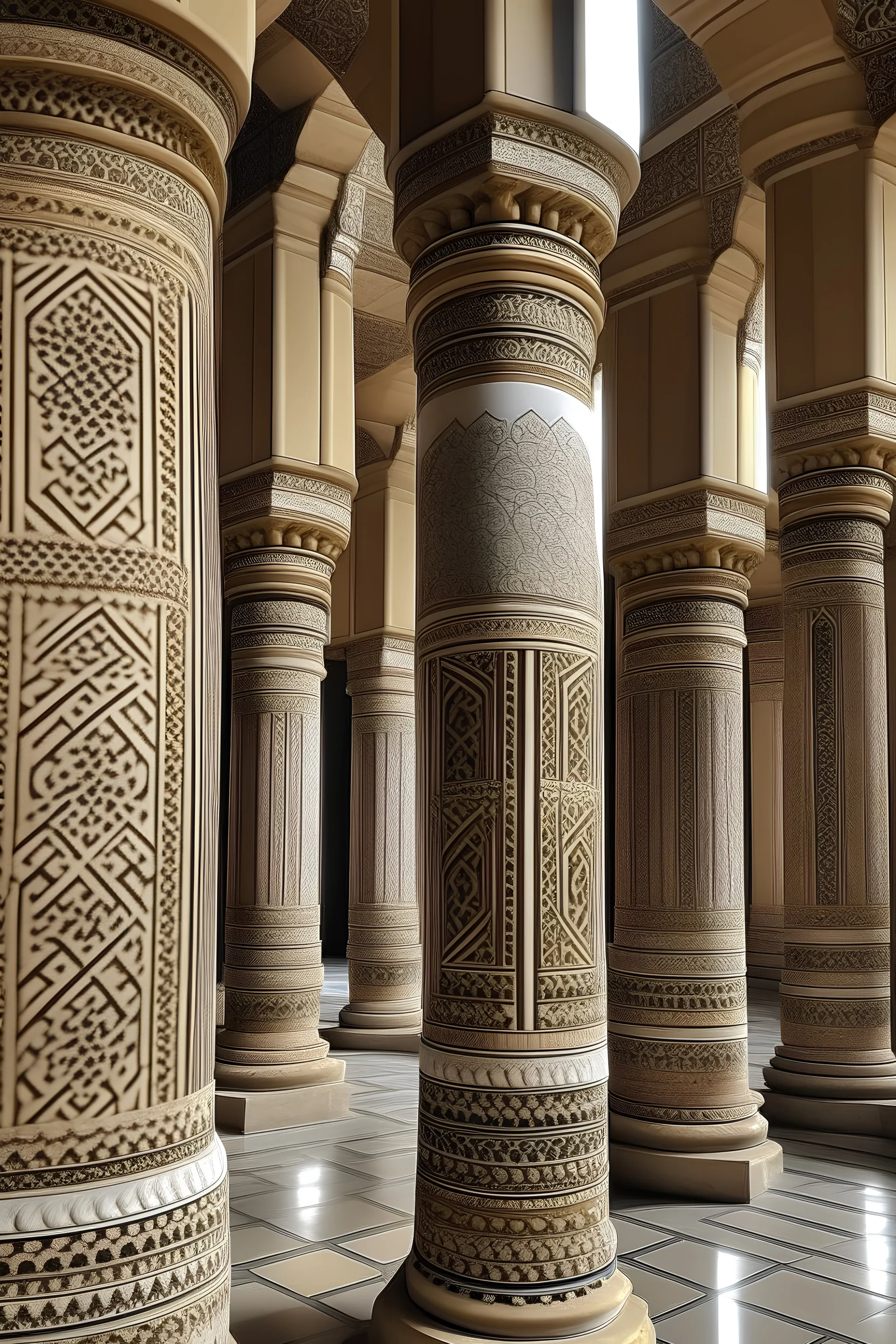 Columns of an Islamic palace with a ceiling with Arabic designs and letters