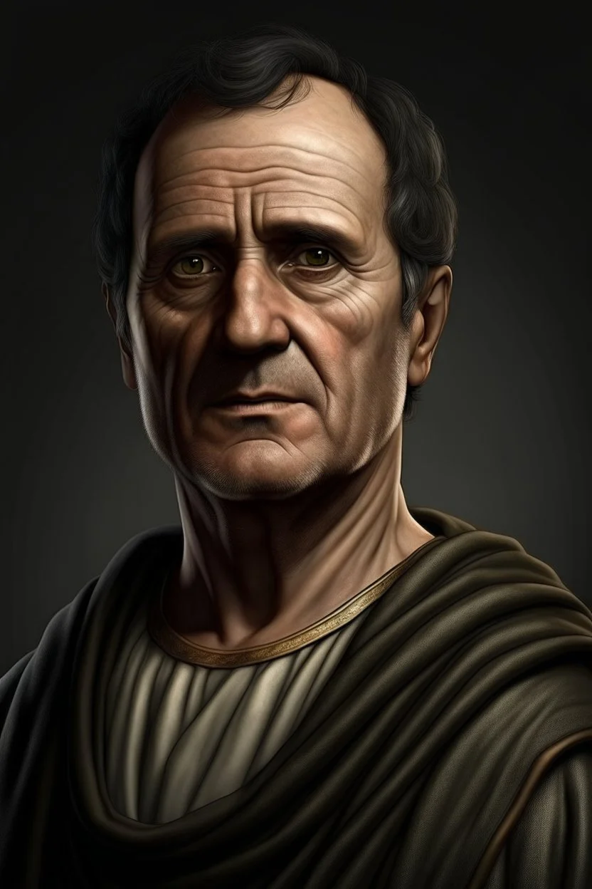 uomo di mezza età, naturalmente capelli scuri e carnagione chiara, magari se proprio vuoi dargli un segno particolare una piccola escrescenza vicino all'occhio tipo Cicerone (Se si vedono le mani il nell'anello senatoriale) vestito con abiti della roma antica