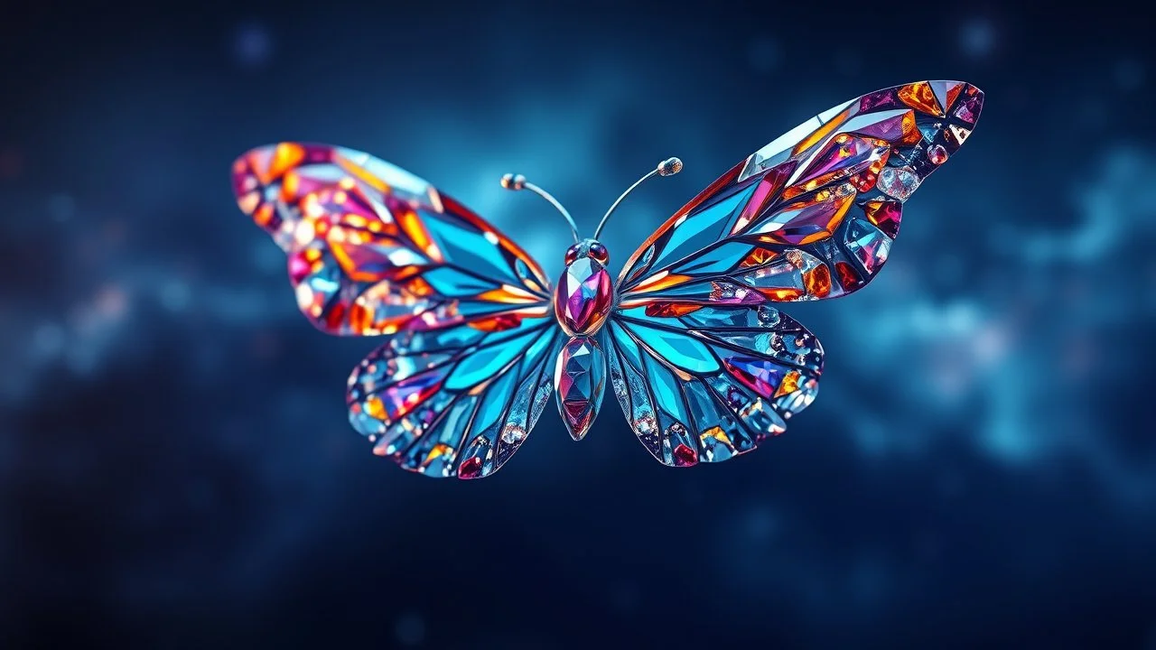 crystal butterfly made of gems made of many different colours, dark blue nebula galaxy in background, amibent mood,16k resolution photorealistic, masterpiece, height contrast, depth of field, breath-taking intricate details, realistic and lifelike cgi, dramatic natural lighting, reflective catchlights, high quality CGI VFX fine art