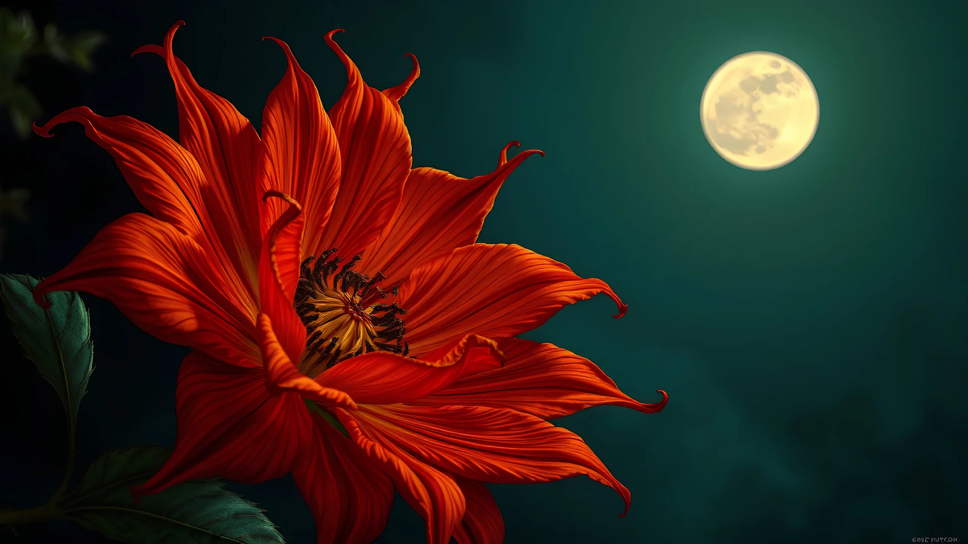 red orange green twisted flower, night, full moon, 8k, high quality, trending art, trending on artstation, sharp focus, studio photo, intricate details, highly detailed, by greg rutkowski