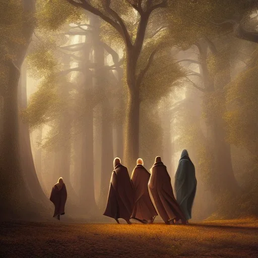 Three men in long hooded robes striding towards a tent in the shade of oak trees at afternoon