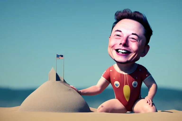 Elon musk as a Happy baby building a rocketship sandcastle on the beach. He is wearing a pOlkadot swimsuit