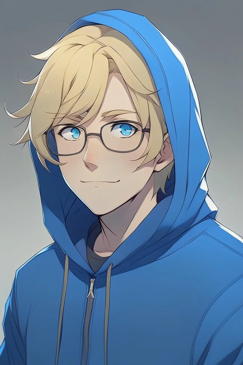 An anime adult man with glasses, fluffy blonde hair, wearing a blue hoodie