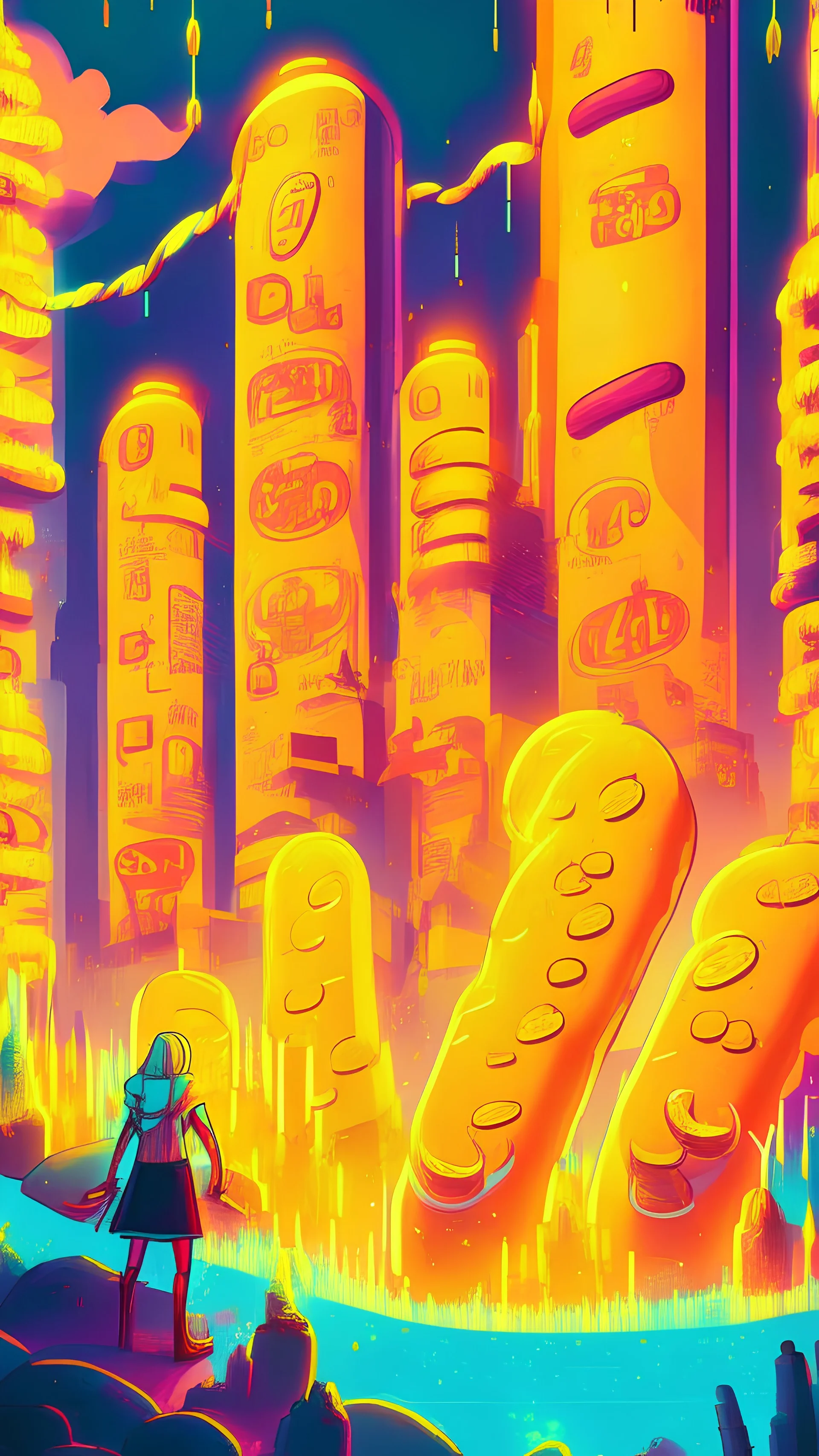 fantasy landscape of a magical pool of mustard with financial symbols and market prices and investment charts, giant glowing hotdogs, giant glowing mustard bottles, vibrant, comic book style, visual novel style, anime vibes, glowing, stock market charts, detailed