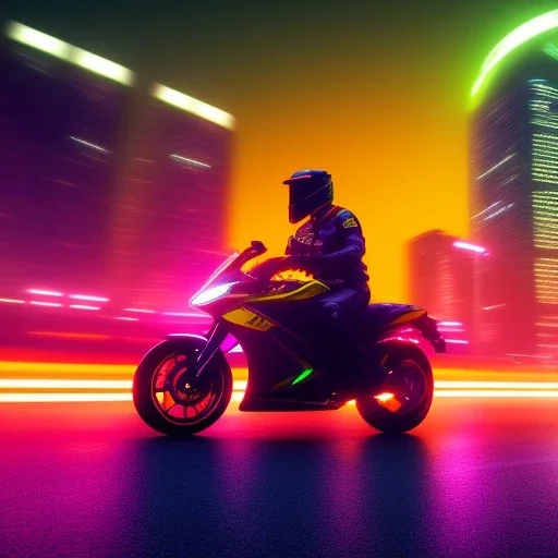 a guy in a futuristic motorbike leaving a futuristic city with neon lights at night, through a super highway, high speed, ASUS Republic of Gamers Style,Wallpaper for large desktop pc, Looking from behind from a higher view to the highway seeing tall skyscrapers, outer space, vanishing point, super highway, high speed, digital render, digital painting, beeple, noah bradley, cyril roland, ross tran, trending on artstation