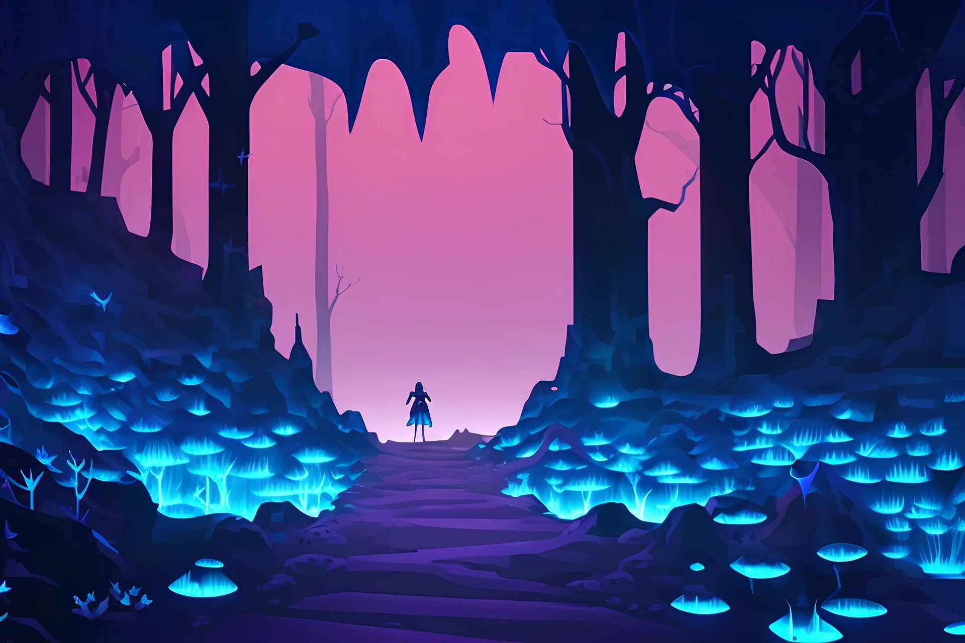 Exit of a Crystal cave with dark blue walls, and glowing blue crystals, outside is a black forest filled with dark trees and fireflies