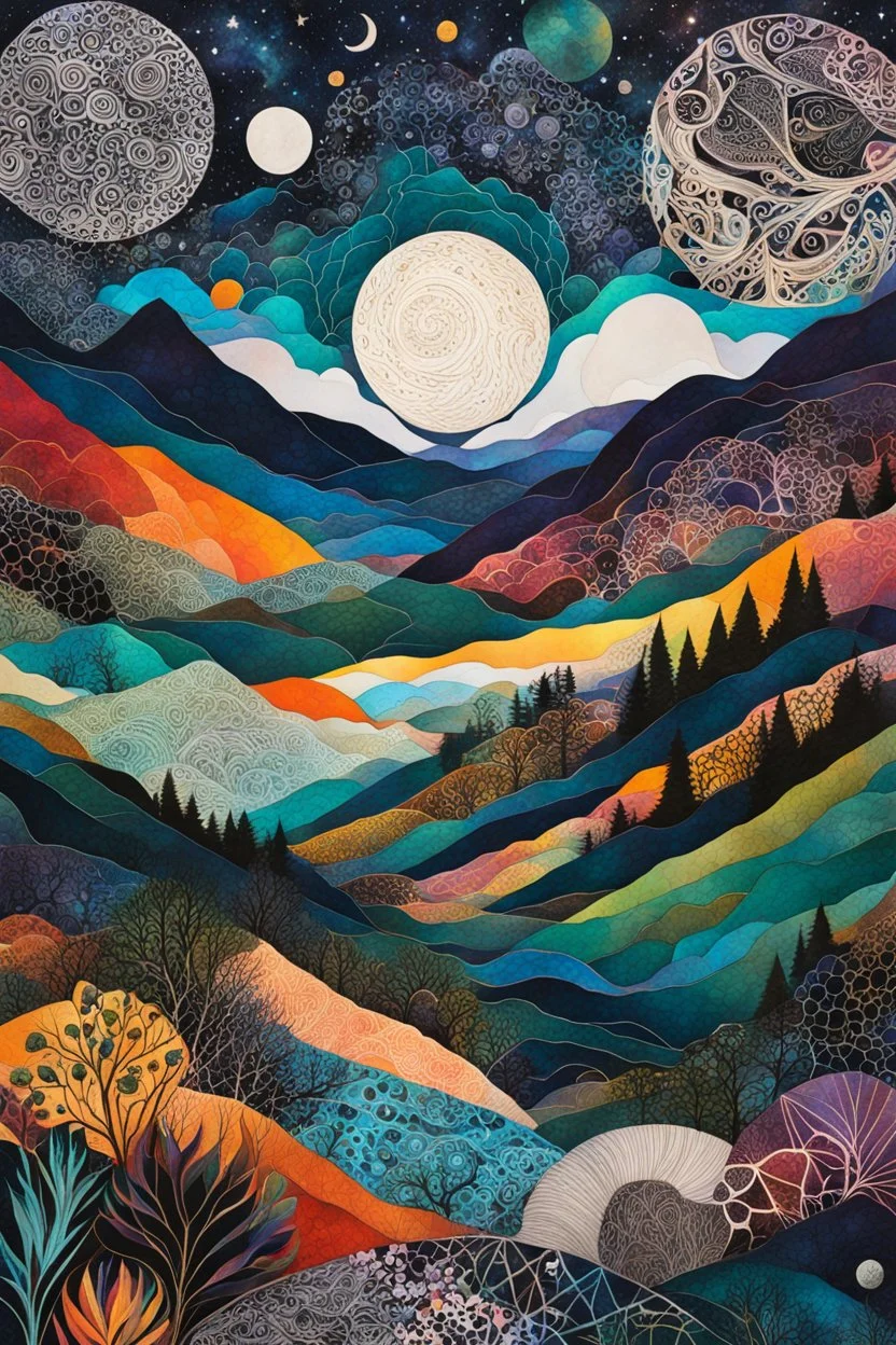 abstract paper collage overlayed with Zentangle patterns that depicts the vastly diverse, rugged landscape of Nature beneath an ethereal, cosmic night sky, highly detailed, vibrant natural color, with bold ink outlining