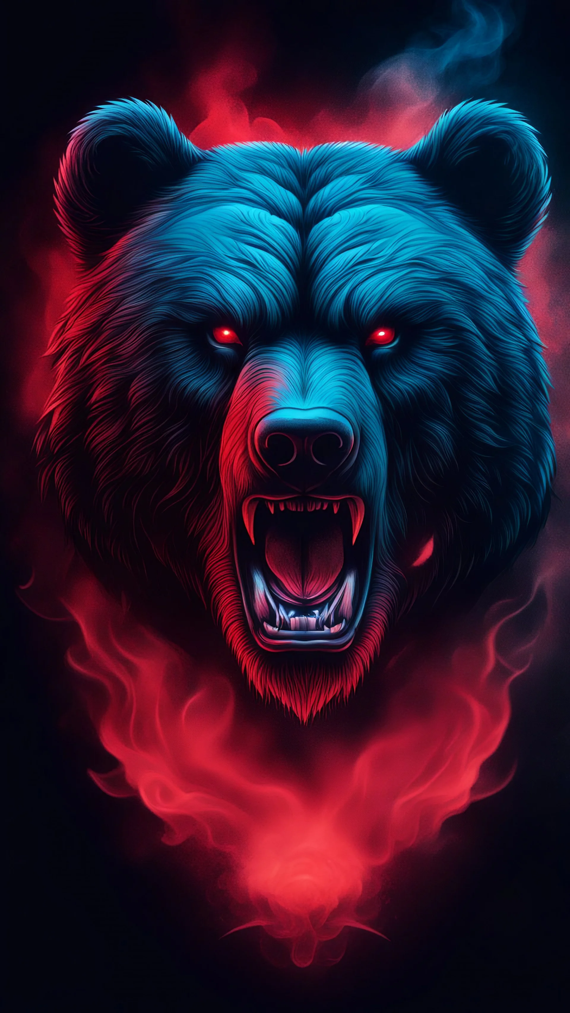 2D image of abstract angry bear head symbol tattoo with rose element,blue and red tone light,motions fog smoke on dark cinematic background