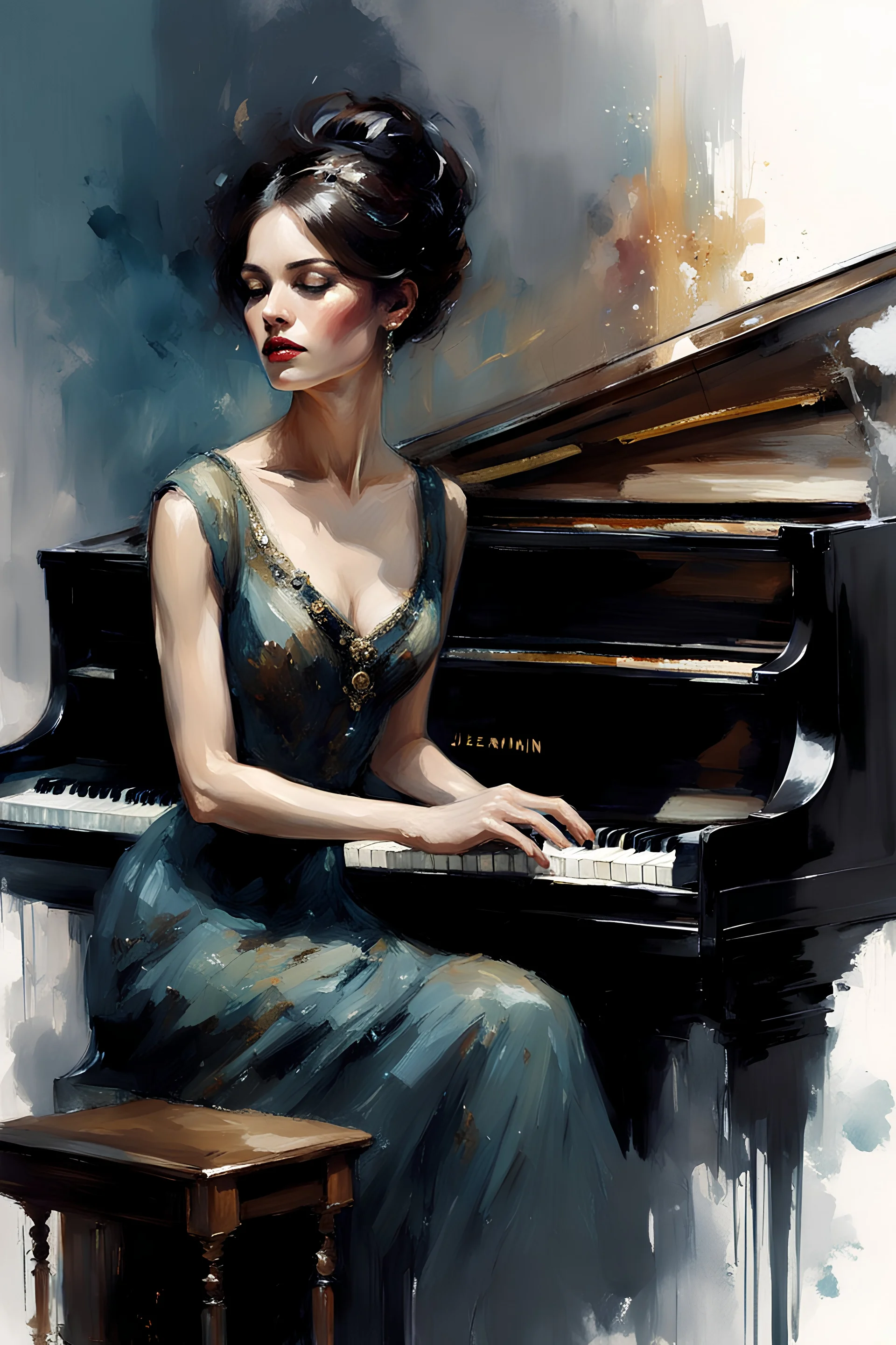 Brunette Thin Caucasian Woman 30yo Black Short Straight Bob Hair, Beautiful Makeup, wearing a victorian dress, playing a piano and singing, mysterious esoteric atmosphere :: digital matt painting with rough paint strokes by Jeremy Mann + Carne Griffiths + Leonid Afremov