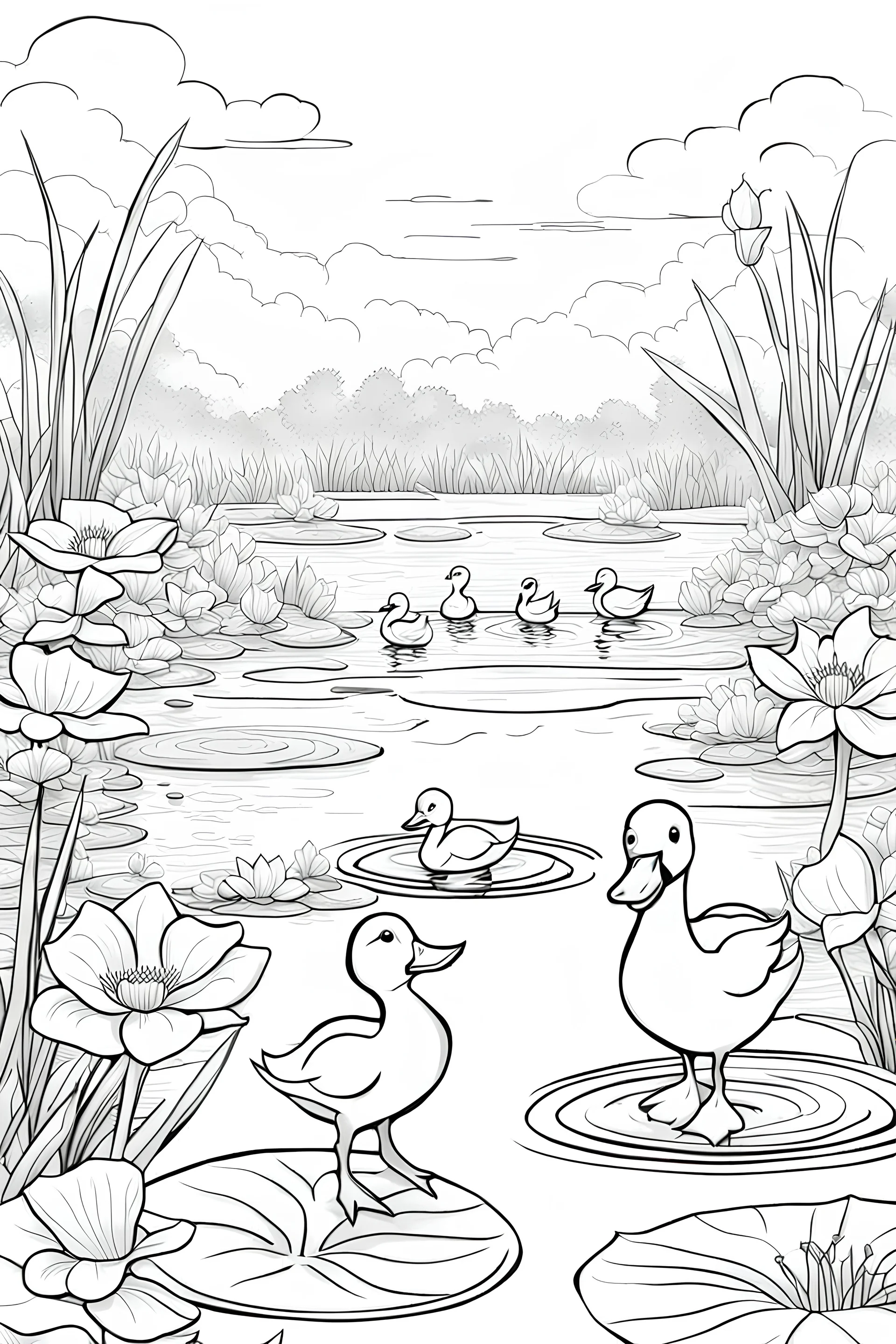 A black and white outline art for a kids coloring page, Cute ducklings following their mother, outlined against a calm pond with lily pads., outlined against a sunny day with straightforward mud patches., bold outlines and a clear sky background., white background , sketch style , full body, only use outline, mandala style, clean art , white background, no shadows and clear well outlined