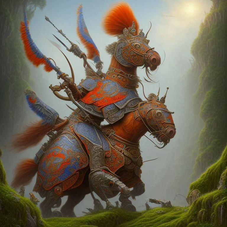 angry horse in orange and blue battle armor, Book of Kells style, a highly detailed illustration, background of Inka jungle, realistic render, 8 k, micro detail, intricate, elegant, centered, digital painting, Artstation, smooth, sharp focus, illustration, artgerm, tomasz alen kopera, peter mohrbacher, donato giancola, joseph christian leyendecker, wlop, boris vallejo