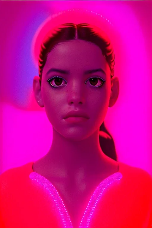 Rosalía artist, Realistic image, natural waist up portrait, perfect eyes, glow, circle iris, eye liner. pigtails hair, face, spray line make up, glow. lips, gold. big rings piercing, led ornament, pearls. coat, latex, inflatable, hot, led lights, minimal, neon, pink, blue, gold, vibrant color, highly detailed, art stations, concept art, smooth, unreal engine 5, god lights, ray tracing, RTX, lumen lighting, ultra detail, volumetric lighting, 3d, finely drawn, high definition, 4k.