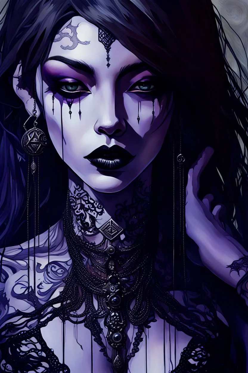 painting of a woman with dark purple-black long hair and black tattoos on her body, a cold, indifferent expression, silver and black onyx jewelry, black lace dress, cybernetics, crepy stunning anthropomorphic female, Minjae Lee vibe, cbybernetic and etheral human, ancient deity, by Vincent Lefevre and Yoshitaka Amano