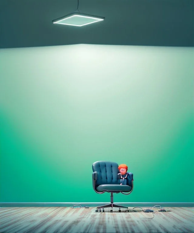 Realistic office room, sweet big hair monster sitting. David lynch style. Red hair, smile, happy, gradient color fog. highly detailed, concept art, unreal engine 5, ray tracing, RTX, lumen lighting, ultra detail, volumetric lighting, 3d, finely drawn, high definition, high resolution.