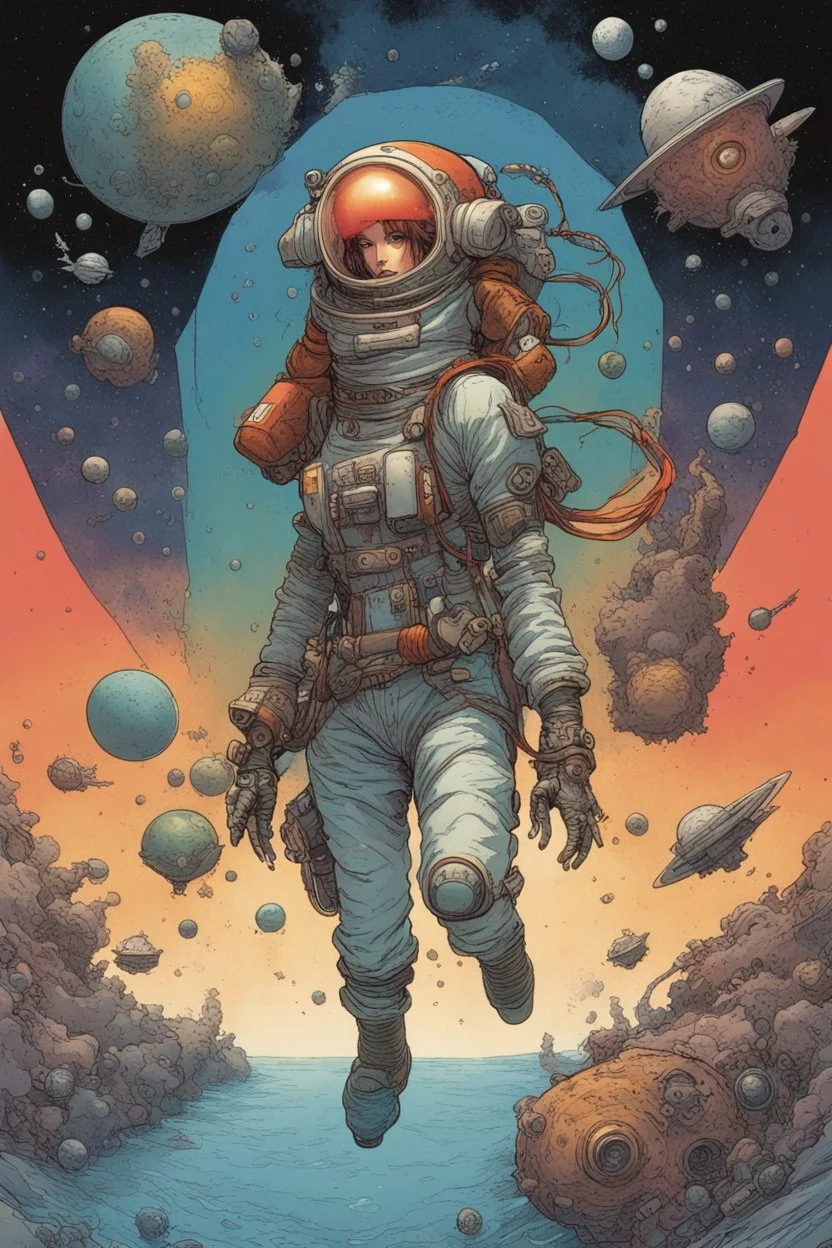 a starship pirate punk female captain in a deep-space diving suit, colorful , floating into the insane and confusing universe of the Angelarium colorful by Hergé, François Schuiten, Ivan Bilibin, Katsuya Terada, Mike Mignola, Paul Pope